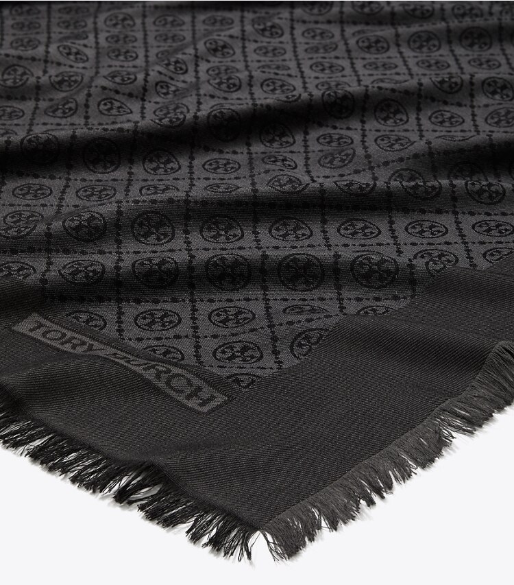 Tory Burch designer scarves T Monogram Jacquard Traveler Scarf in Black detail