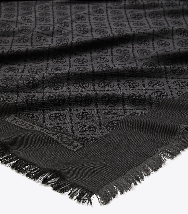 Tory Burch designer scarves T Monogram Jacquard Traveler Scarf in Black overhead