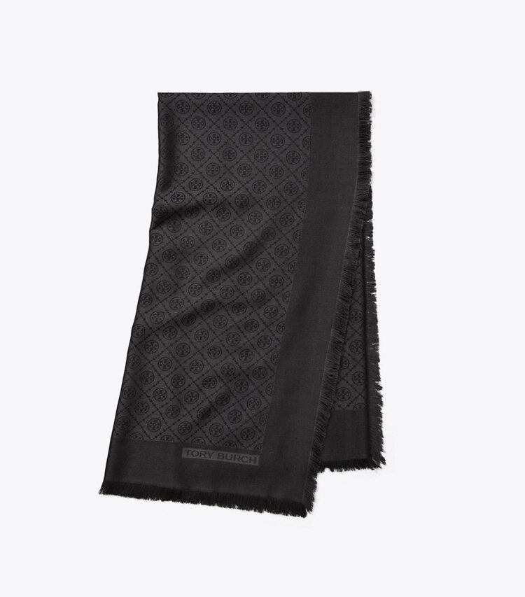 Tory Burch designer scarves T Monogram Jacquard Traveler Scarf in Black folded