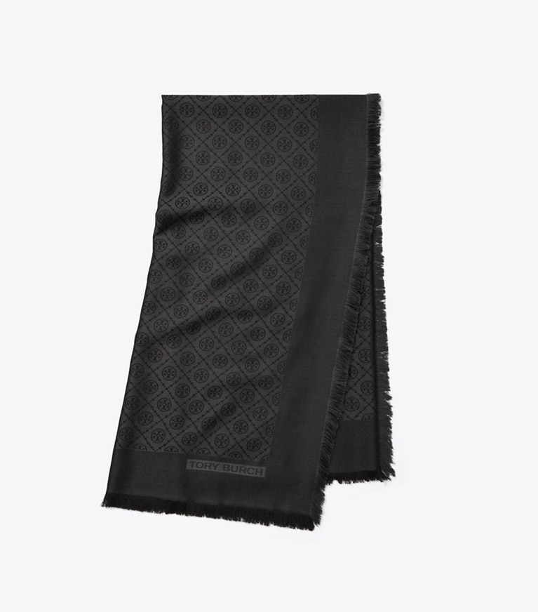 Tory Burch designer scarves T Monogram Jacquard Traveler Scarf in Black overhead