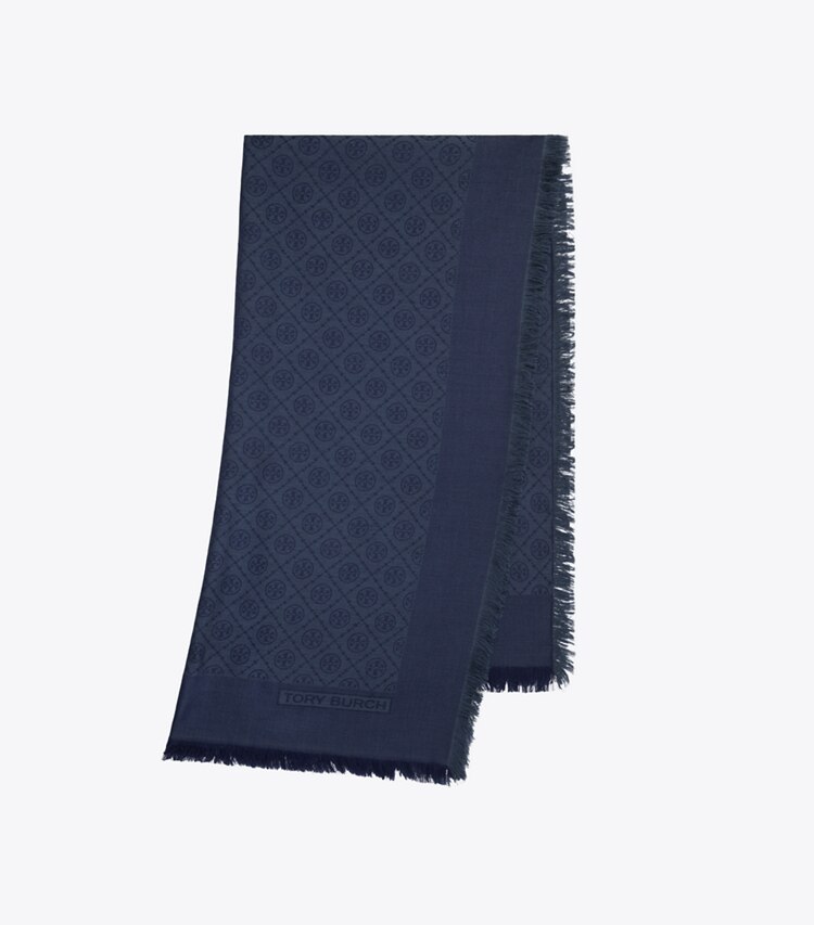 Tory Burch designer scarves T Monogram Jacquard Traveler Scarf in Tory Navy folded