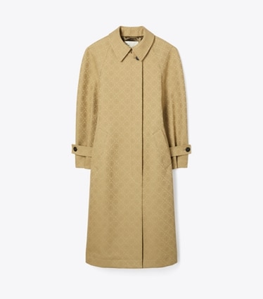 Tory Burch designer coats T Monogram Jacquard Trench Coat in Taupe Gray T MONOGRAM SMALL SPORT front
