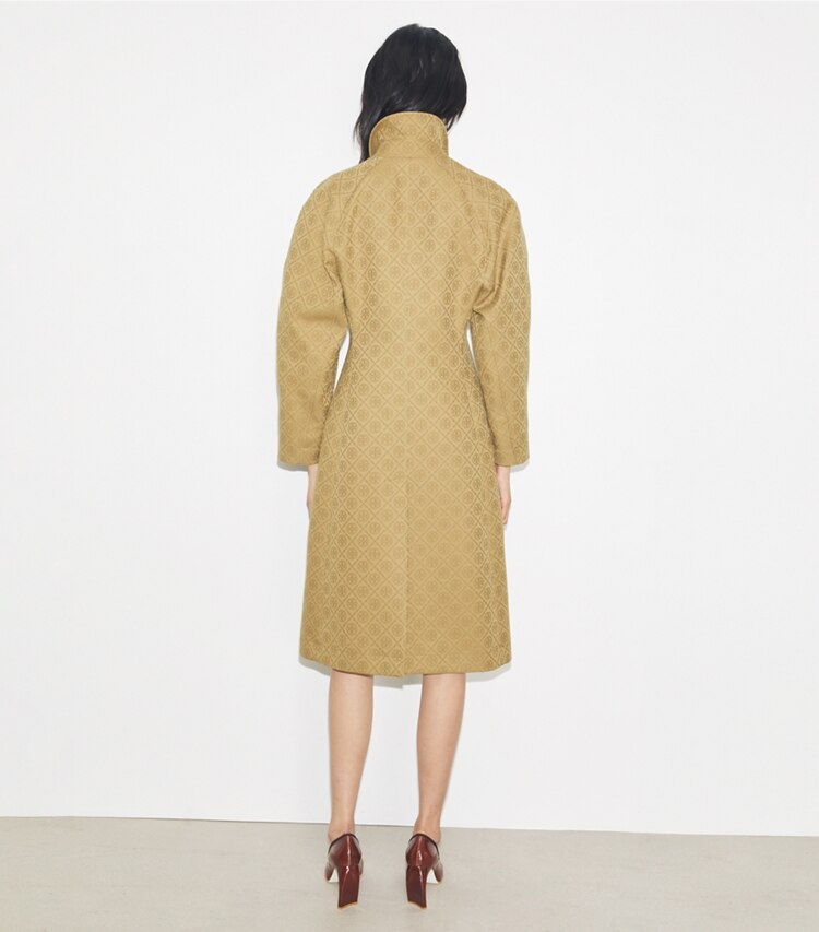 Tory Burch designer coats T Monogram Jacquard Trench Coat in Taupe Gray T MONOGRAM SMALL SPORT on model back