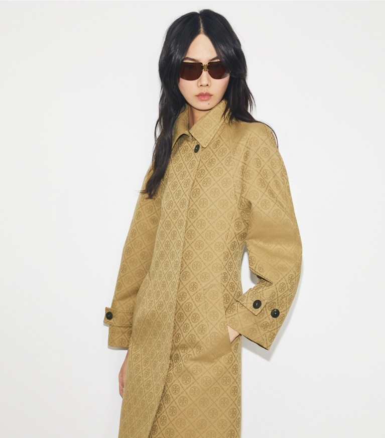 Tory Burch designer coats T Monogram Jacquard Trench Coat in Taupe Gray T MONOGRAM SMALL SPORT front