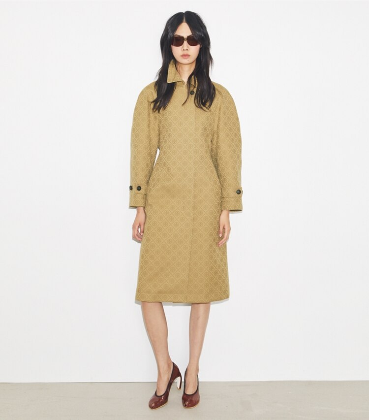 Tory Burch designer coats T Monogram Jacquard Trench Coat in Taupe Gray T MONOGRAM SMALL SPORT on model front