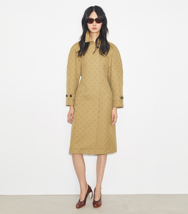 Tory Burch designer coats T Monogram Jacquard Trench Coat in Taupe Gray T MONOGRAM SMALL SPORT front