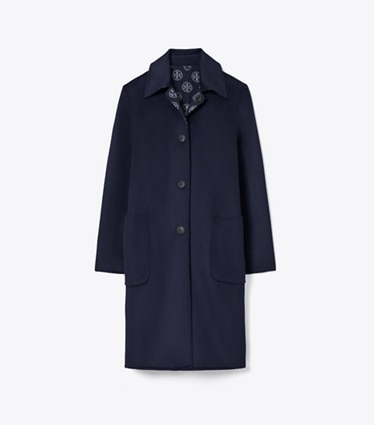 Tory Burch designer コート Tモノグラム ジャガード ウール コート in Medium Navy/T Logo front