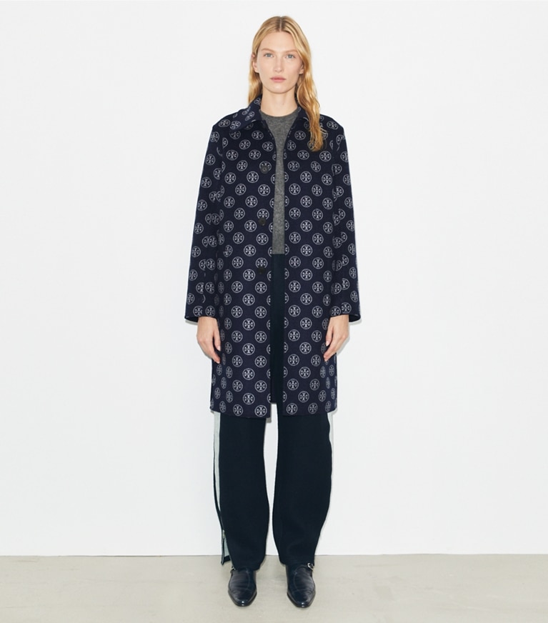 Tory Burch designer コート Tモノグラム ジャガード ウール コート in Medium Navy/T Logo front