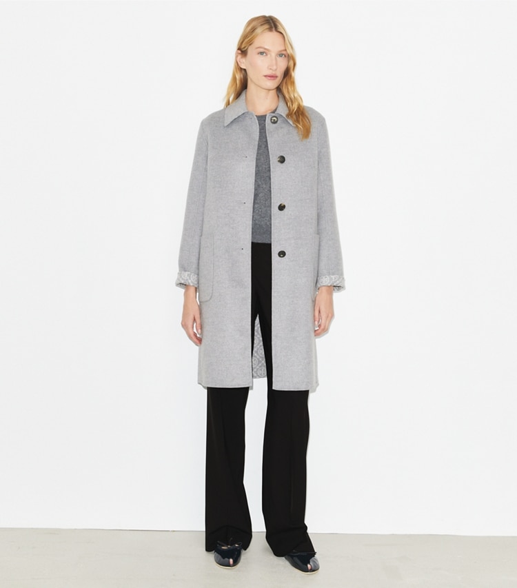 Tory Burch designer coats T Monogram Jacquard Wool Coat in Gray Melange/T Monogram on model front