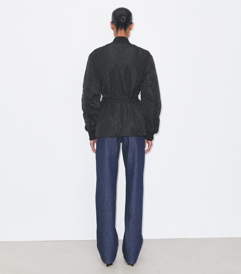 Tory Burch designer jackets T Monogram Jacquard Zip Jacket in Black T Monogram front