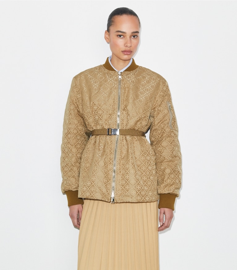 Tory Burch designer ジャケット Tモノグラム ジャガード ジップ ジャケット in Beige T Monogram front