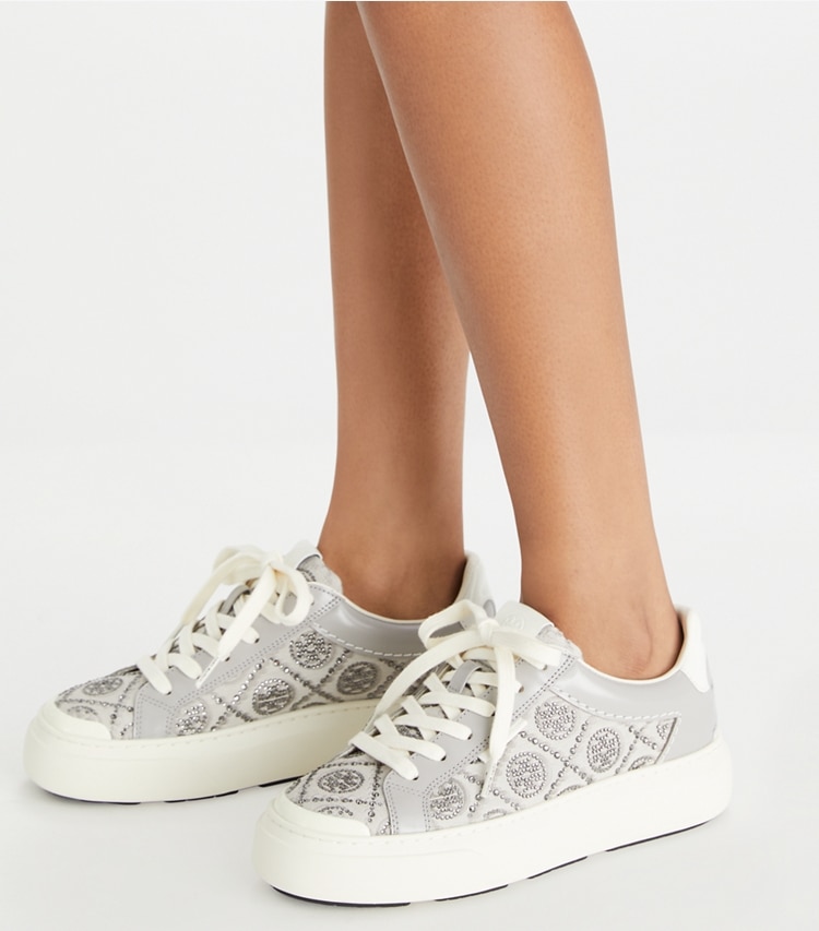 Tory Burch designer sneakers T Monogram Ladybug Sneaker in T MONOGRAM MERCURY / BAY GRAY / BLANC accessory on model