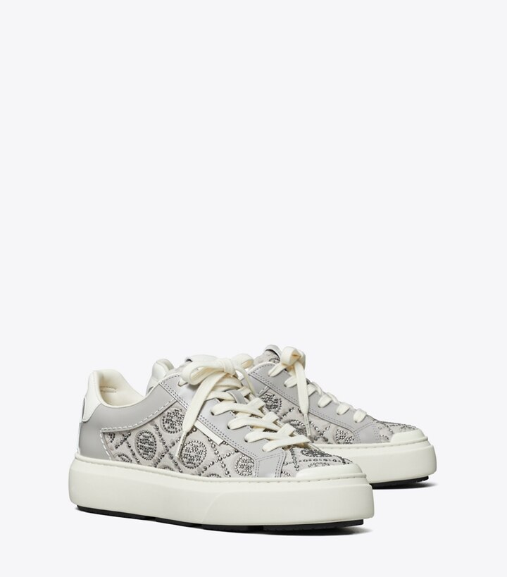 Tory Burch designer スニーカー Tモノグラム レディーバグ スニーカー in T MONOGRAM MERCURY / BAY GRAY / BLANC angle