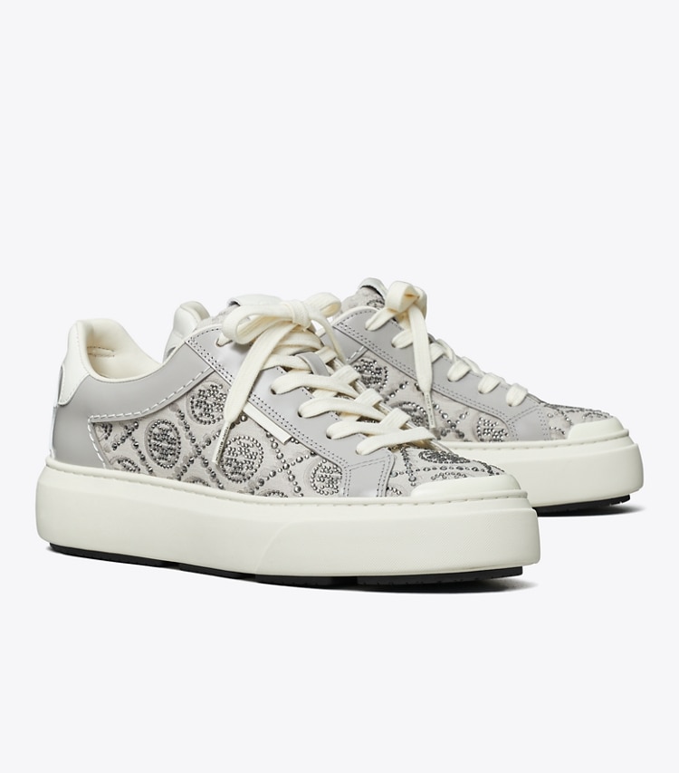 Tory Burch designer sneakers T Monogram Ladybug Sneaker in T MONOGRAM MERCURY / BAY GRAY / BLANC angle