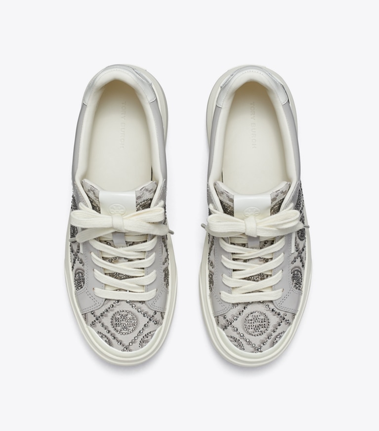 Tory Burch designer sneakers T Monogram Ladybug Sneaker in T MONOGRAM MERCURY / BAY GRAY / BLANC angle