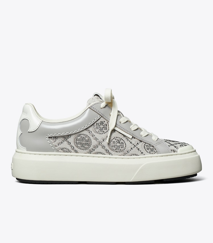 Tory Burch designer sneakers T Monogram Ladybug Sneaker in T MONOGRAM MERCURY / BAY GRAY / BLANC side