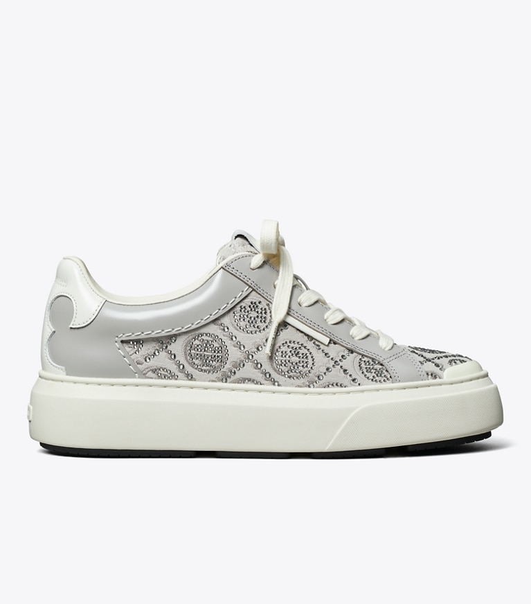Tory Burch designer sneakers T Monogram Ladybug Sneaker in T MONOGRAM MERCURY / BAY GRAY / BLANC angle
