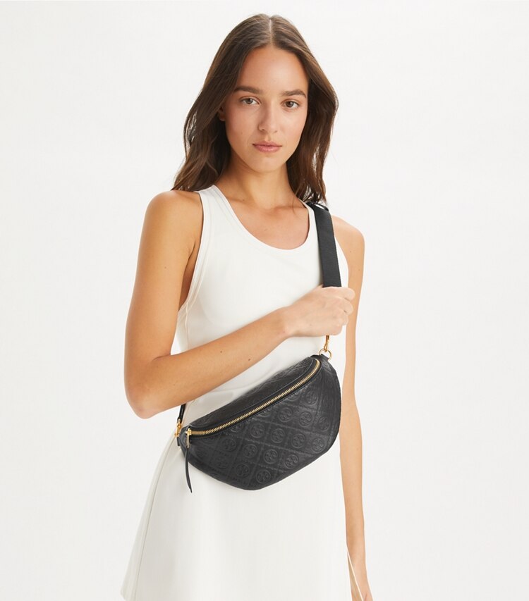 Tory Burch designer belt bags T Monogram Leather Belt Bag in Black accessory on model