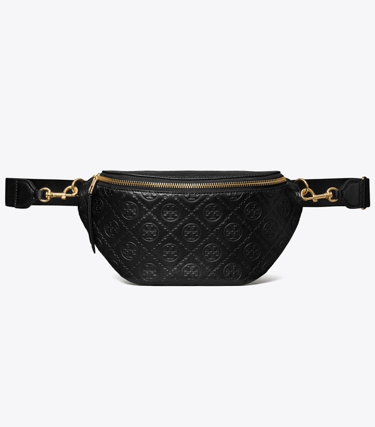 Tory Burch designer belt bags T Monogram Leather Belt Bag in Black angle