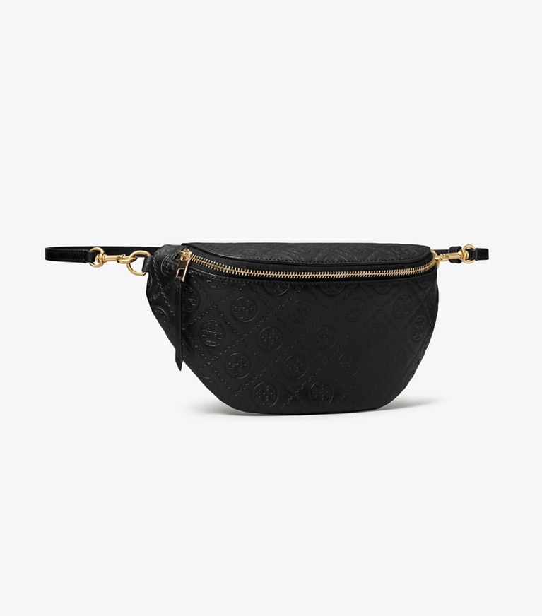 Tory Burch designer belt bags T Monogram Leather Belt Bag in Black angle
