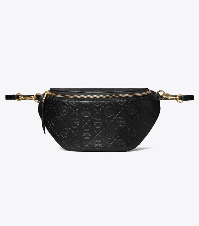 Tory Burch designer belt bags T Monogram Leather Belt Bag in Black angle