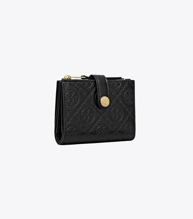 Tory Burch designer 財布 Tモノグラム デボス バイフォールドウォレット in Black angle