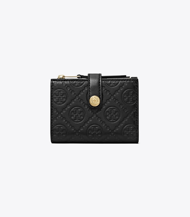 Tory Burch designer 財布 Tモノグラム デボス バイフォールドウォレット in Black front