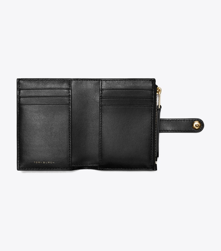 Tory Burch designer 財布 Tモノグラム デボス バイフォールドウォレット in Black オーバーヘッド