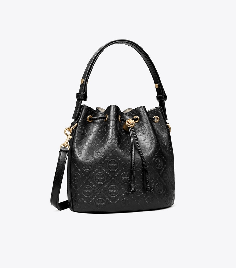 Tory Burch designer crossbody bags T Monogram Leather Bucket Bag in Black angle