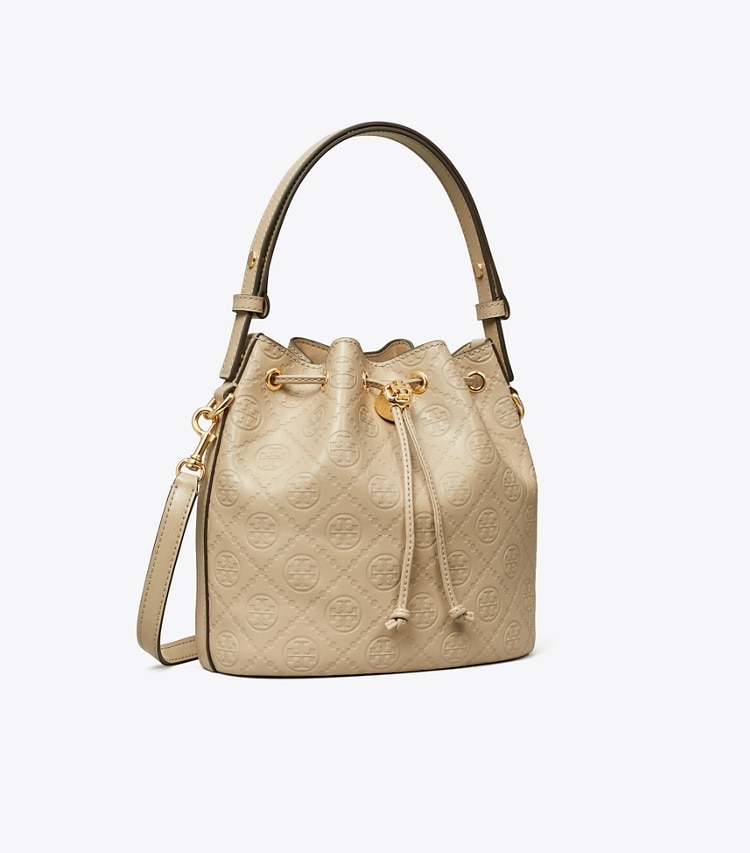 Tory Burch designer crossbody bags T Monogram Leather Bucket Bag in Fresh Clay angle