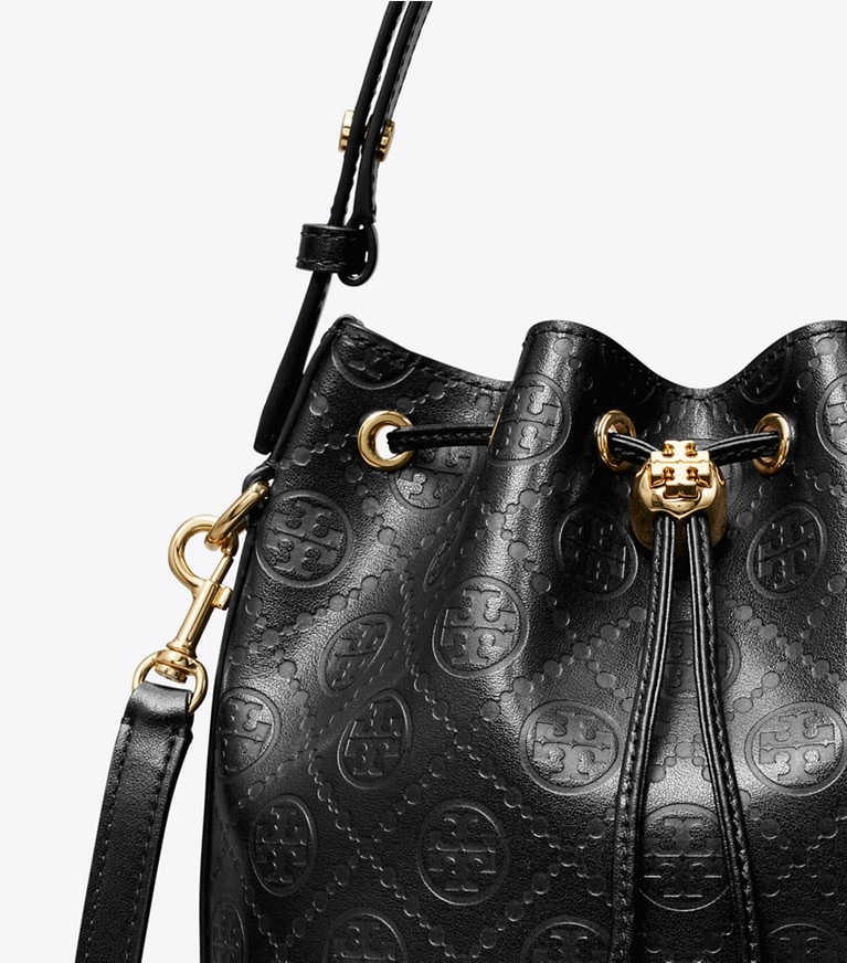Tory Burch designer crossbody bags T Monogram Leather Bucket Bag in Black angle