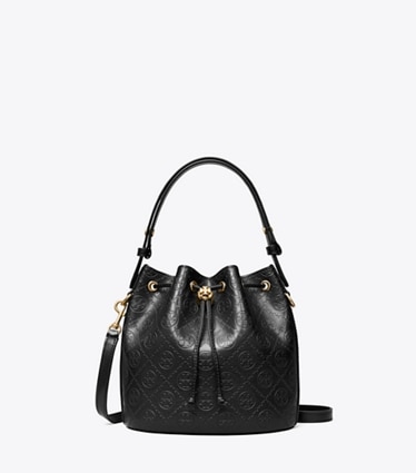 Tory Burch designer crossbody bags T Monogram Leather Bucket Bag in Black front