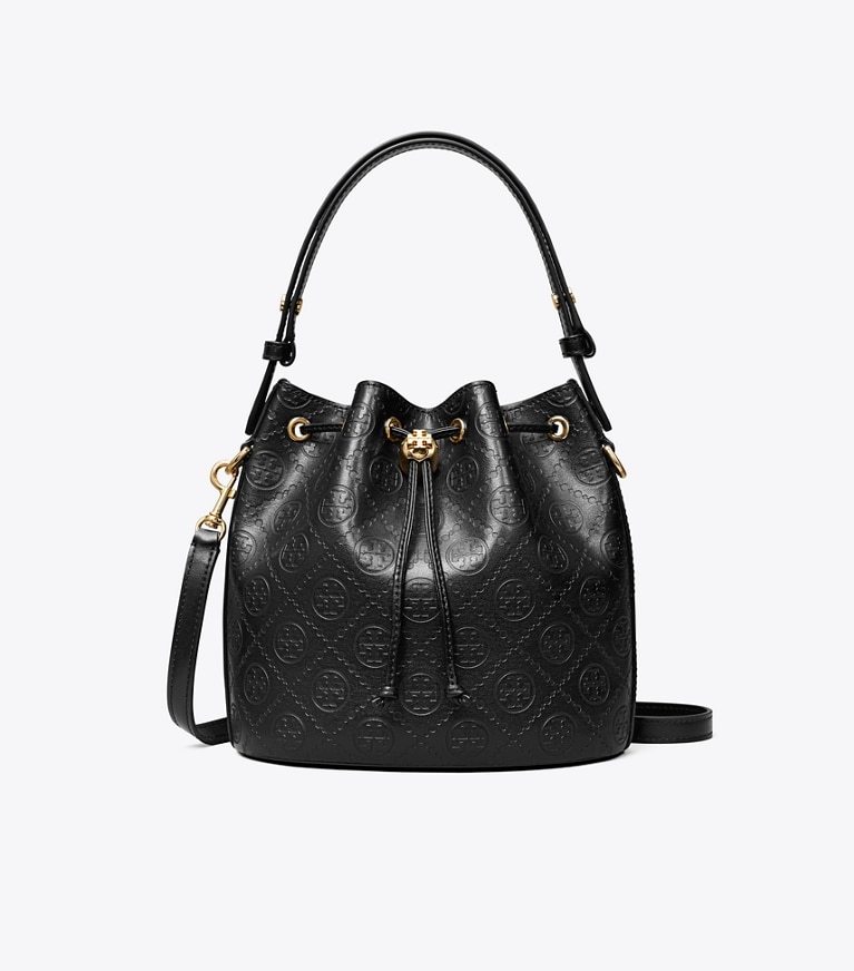 Tory Burch designer crossbody bags T Monogram Leather Bucket Bag in Black angle