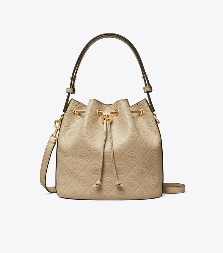 Tory Burch designer crossbody bags T Monogram Leather Bucket Bag in Fresh Clay front
