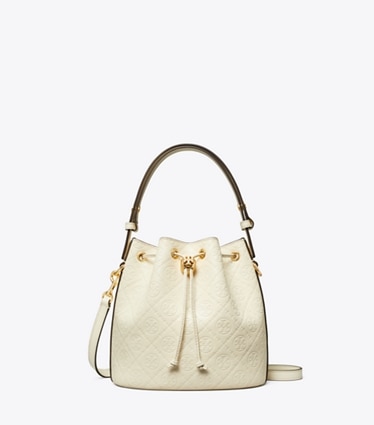 Tory Burch designer crossbody bags T Monogram Leather Bucket Bag in Light Cream front