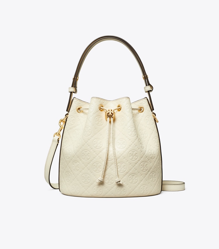 Tory Burch designer クロスボディバッグ Tモノグラム レザー バケットバッグ in Light Cream front