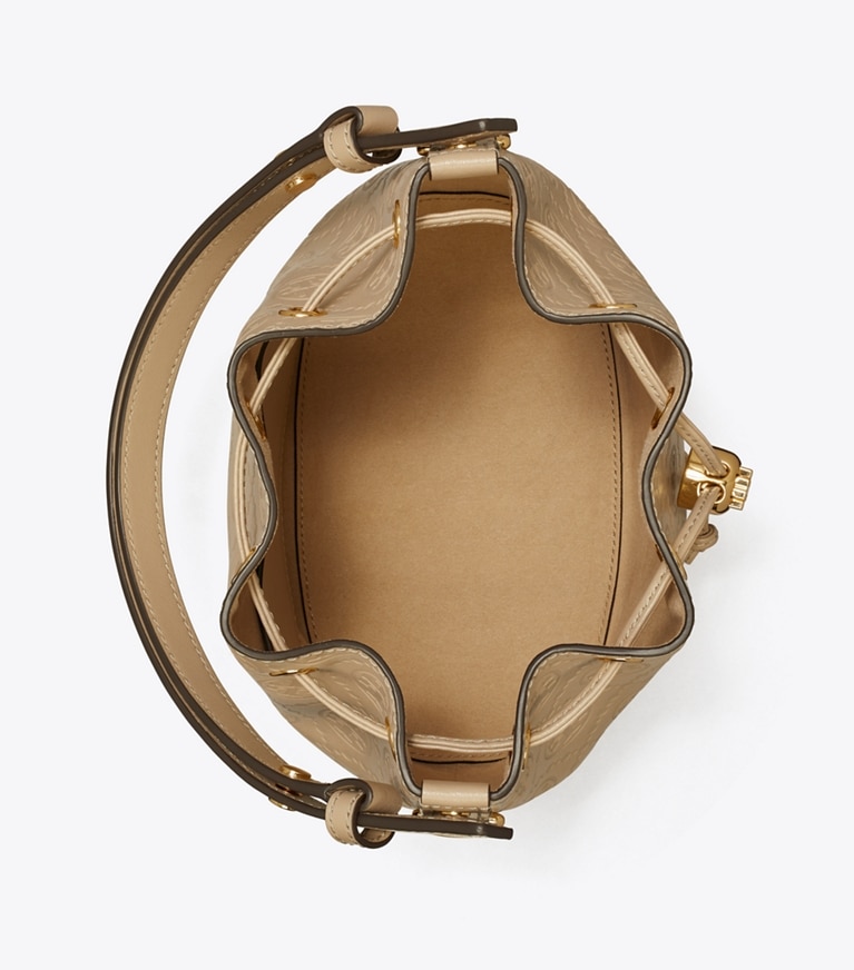 Tory Burch designer crossbody bags T Monogram Leather Bucket Bag in Fresh Clay angle