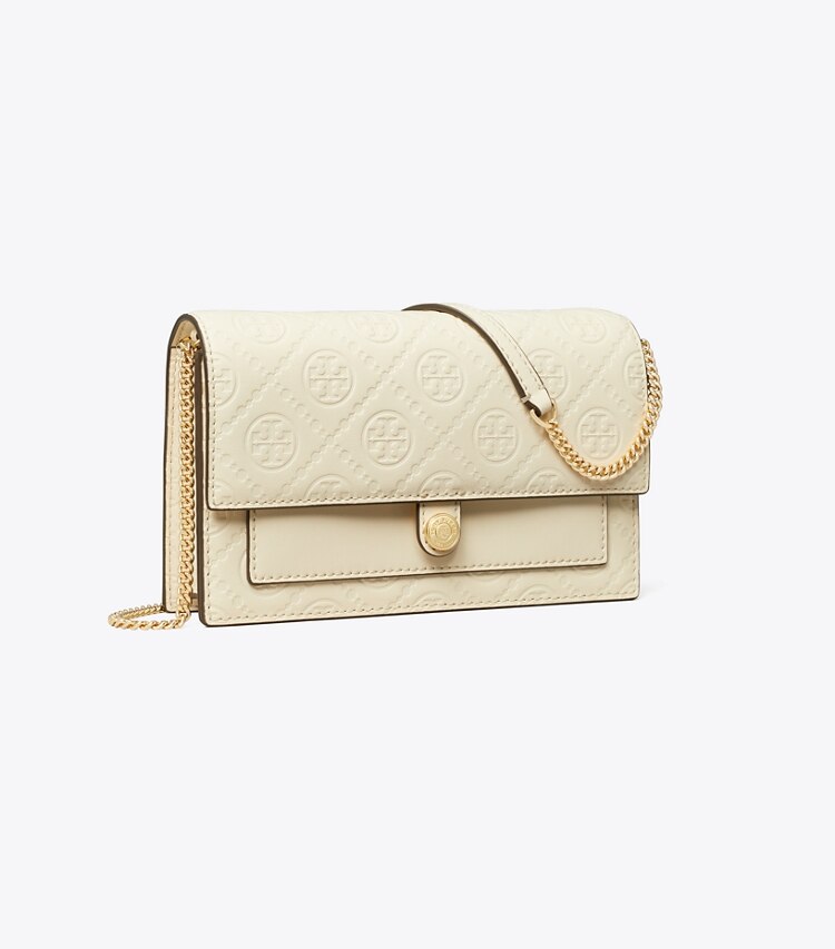 Tory Burch designer ミニバッグ Tモノグラム レザー チェーンウォレット in Light Cream angle