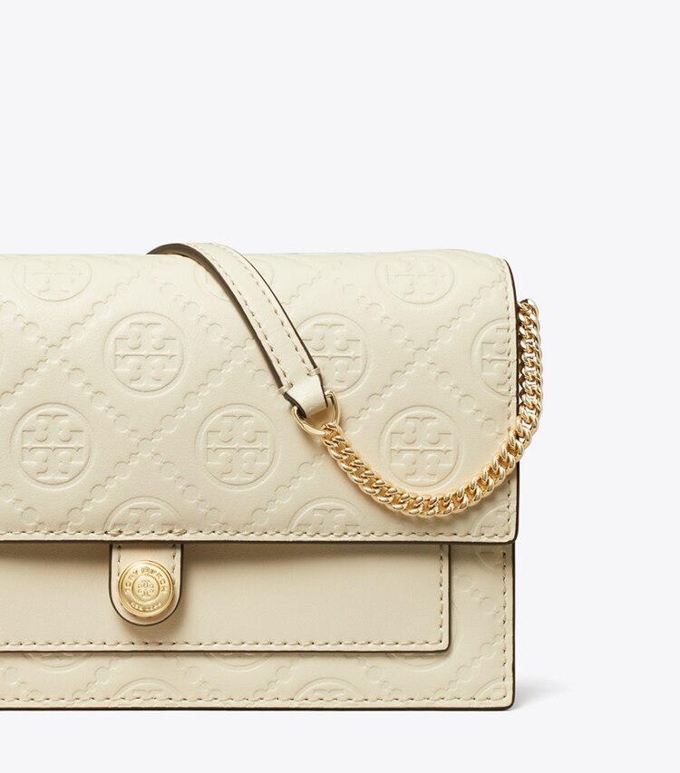 Tory Burch designer ミニバッグ Tモノグラム レザー チェーンウォレット in Light Cream ディテール