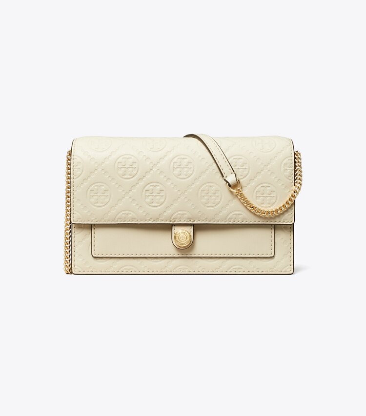 Tory Burch designer ミニバッグ Tモノグラム レザー チェーンウォレット in Light Cream front