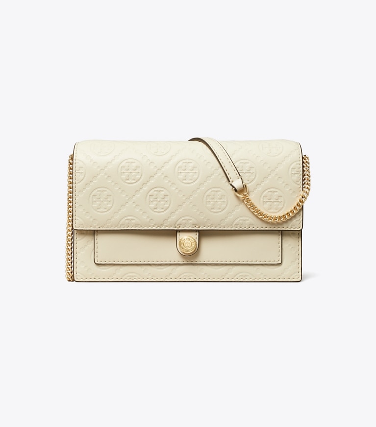 Tory Burch designer ミニバッグ Tモノグラム レザー チェーンウォレット in Light Cream angle