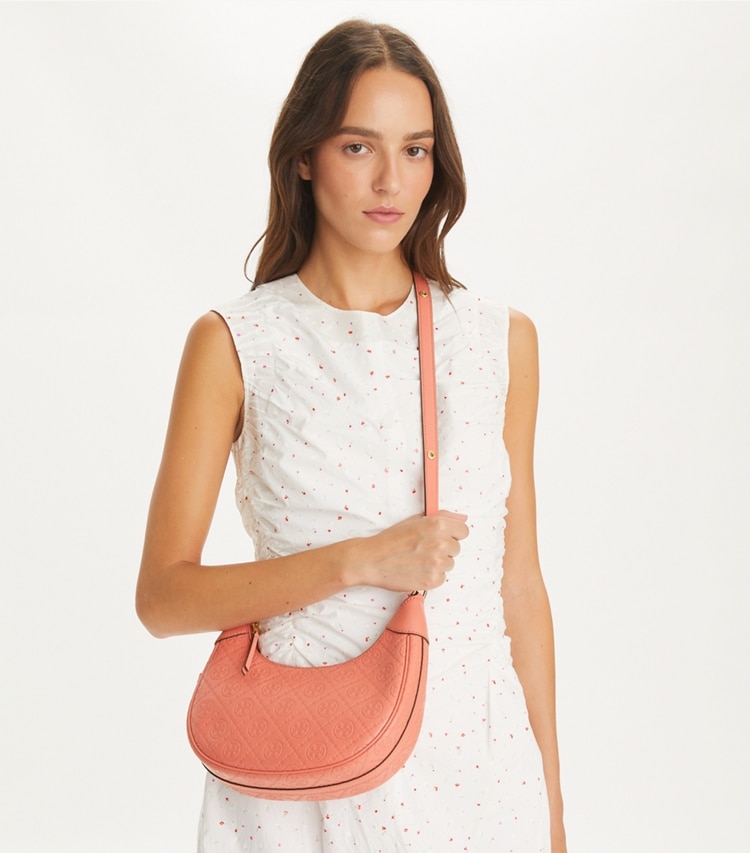 Tory Burch designer shoulder bags T Monogram Leather Crescent Bag in Coral Crush additional on model