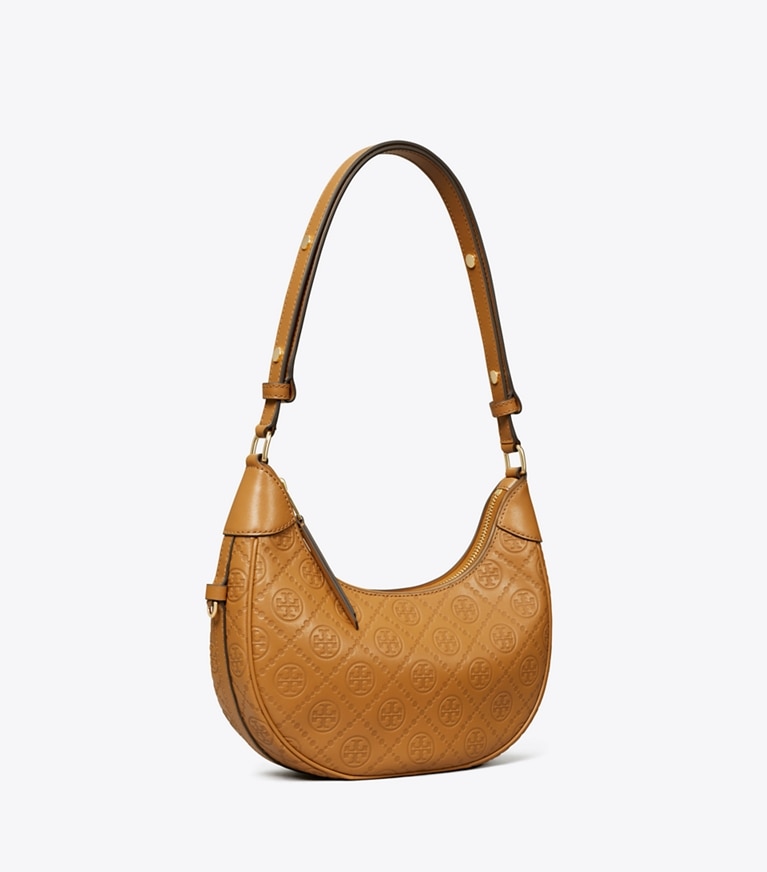 Tory Burch designer shoulder bags T Monogram Leather Crescent Bag in Tan angle