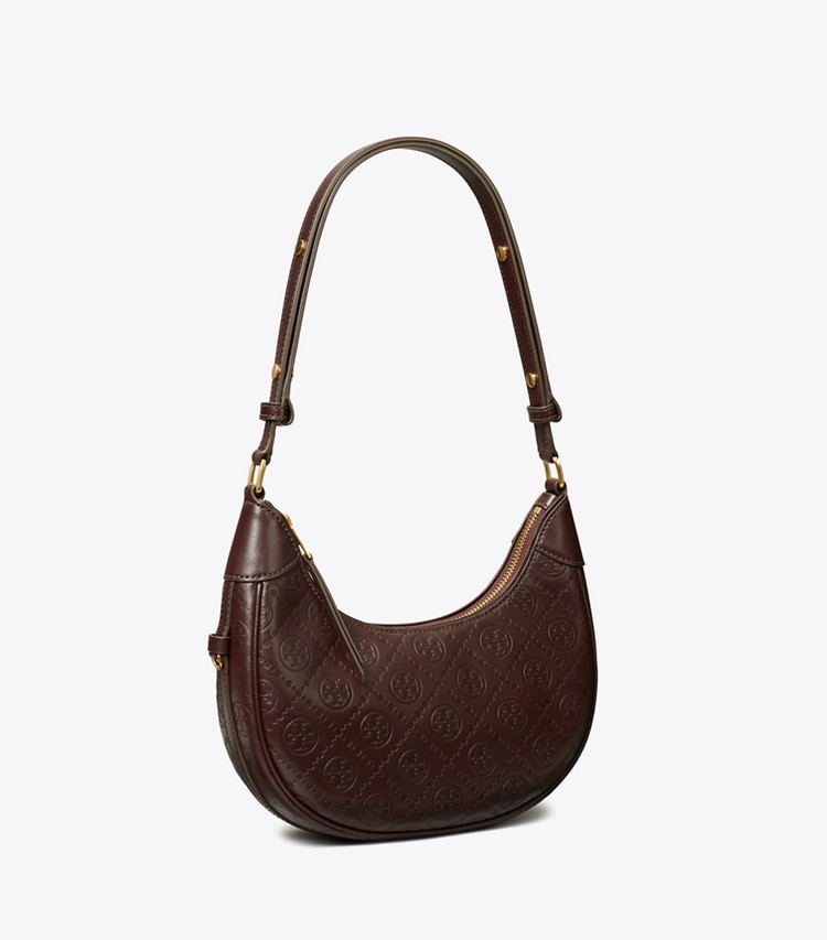 Tory Burch designer shoulder bags T Monogram Leather Crescent Bag in Deep Maroon angle