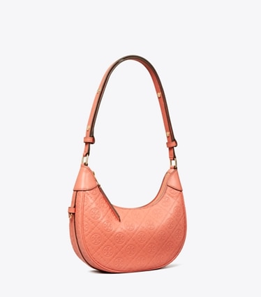 Tory Burch designer shoulder bags T Monogram Leather Crescent Bag in Coral Crush angle