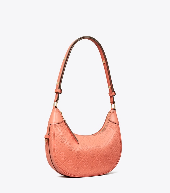 Tory Burch designer shoulder bags T Monogram Leather Crescent Bag in Coral Crush angle