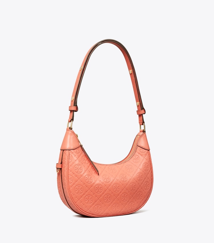 Tory Burch designer shoulder bags T Monogram Leather Crescent Bag in Coral Crush angle
