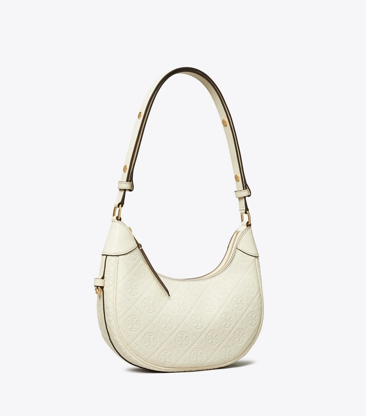 Tory Burch designer ショルダーバッグ Tモノグラム レザー クレッセントバッグ in Light Cream angle