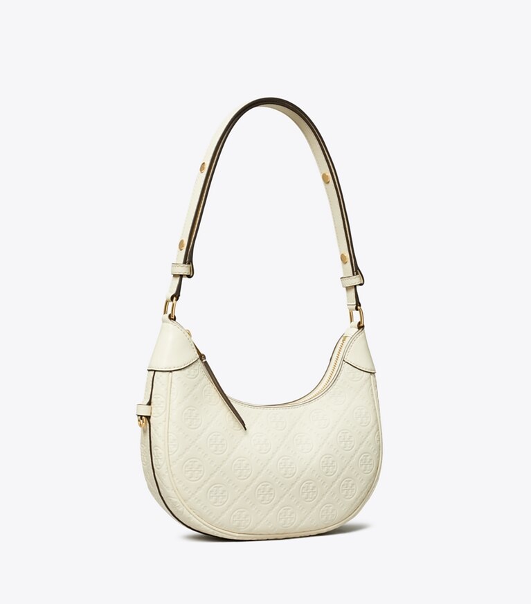Tory Burch designer ショルダーバッグ Tモノグラム レザー クレッセントバッグ in Light Cream angle