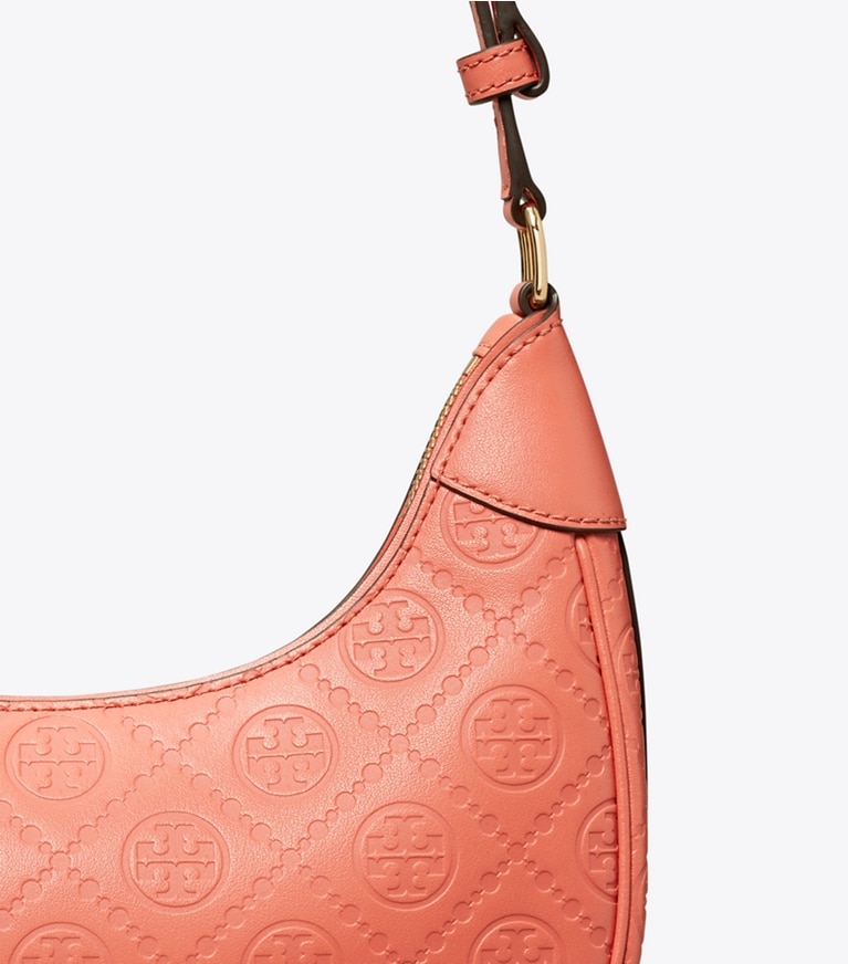 Tory Burch designer shoulder bags T Monogram Leather Crescent Bag in Coral Crush angle